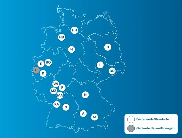 Deutschlandkarte mit eingezeichneten AllDent-Standorten
